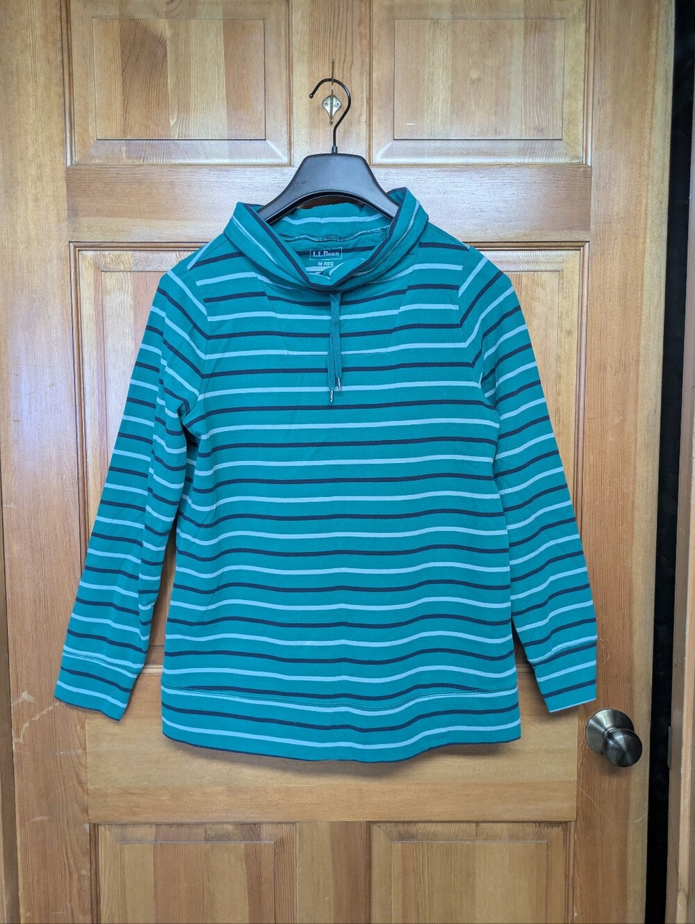 L.L. Bean Green Stripe Funnel Neck Cotton Sweatshirt Size Medium - Picture 6 of 6
